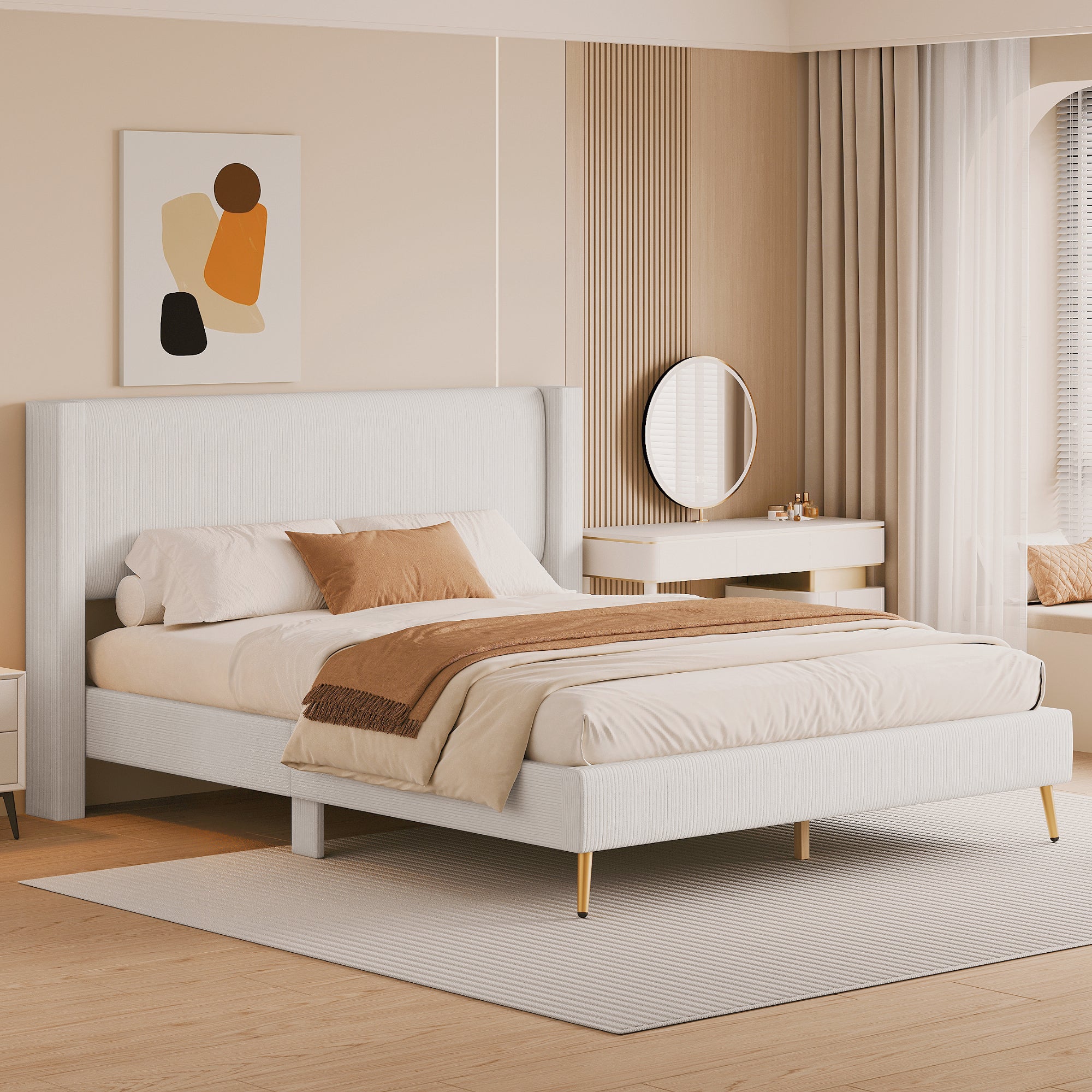 Queen Size Corduroy Platform Bed With Metal Legs, Beige Old Sku:Wf300238Aaa Queen Beige Corduroy