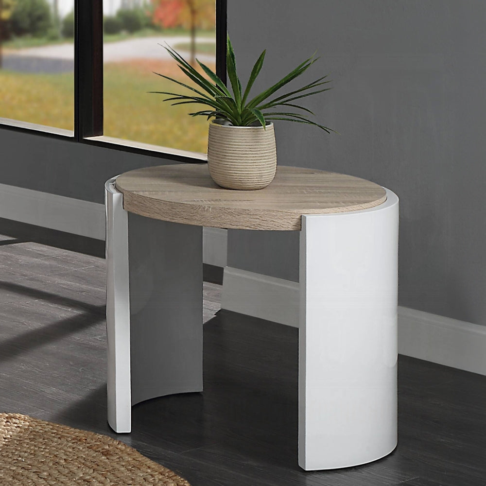 Oak And White High Gloss End Table With Sled Base Oak Primary Living Space Oval Mdf Sled