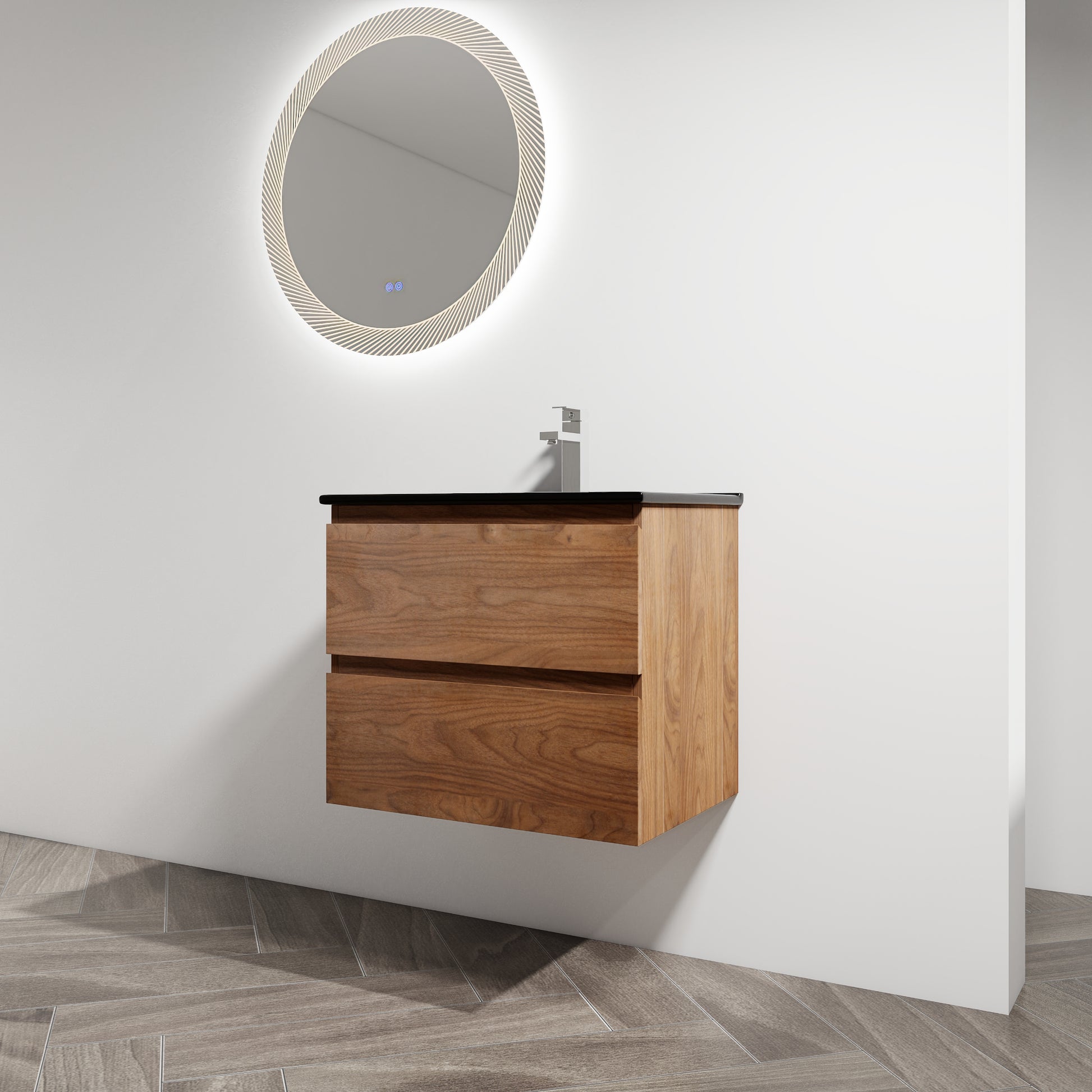 24" Wall Mounted Bathroom Vanity With Black Ceramic Sink, 2 Soft Close Drawers, Kd Package 2 Brown Oak Bathroom Wall Mounted Modern Plywood