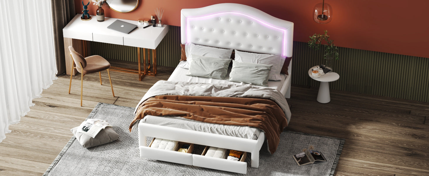 Queen Size Upholstered Platform Bed With Tufted Headboard, Led And 2 Drawers, White Box Spring Not Required Queen White Wood Bathroom Bed Frame Faux Leather Upholstered