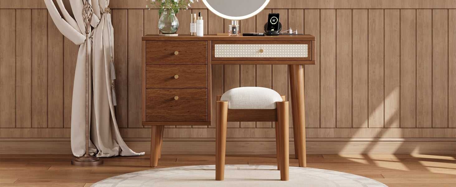 39" Retro Bohemian Style Wooden Makeup Vanity Set With Charging Plug&Usb Port And Stool, Dressing Table With 3 Storage Drawers And 1 Rectangular Rattan Drawer, Walnut Walnut 4 Drawers Wood