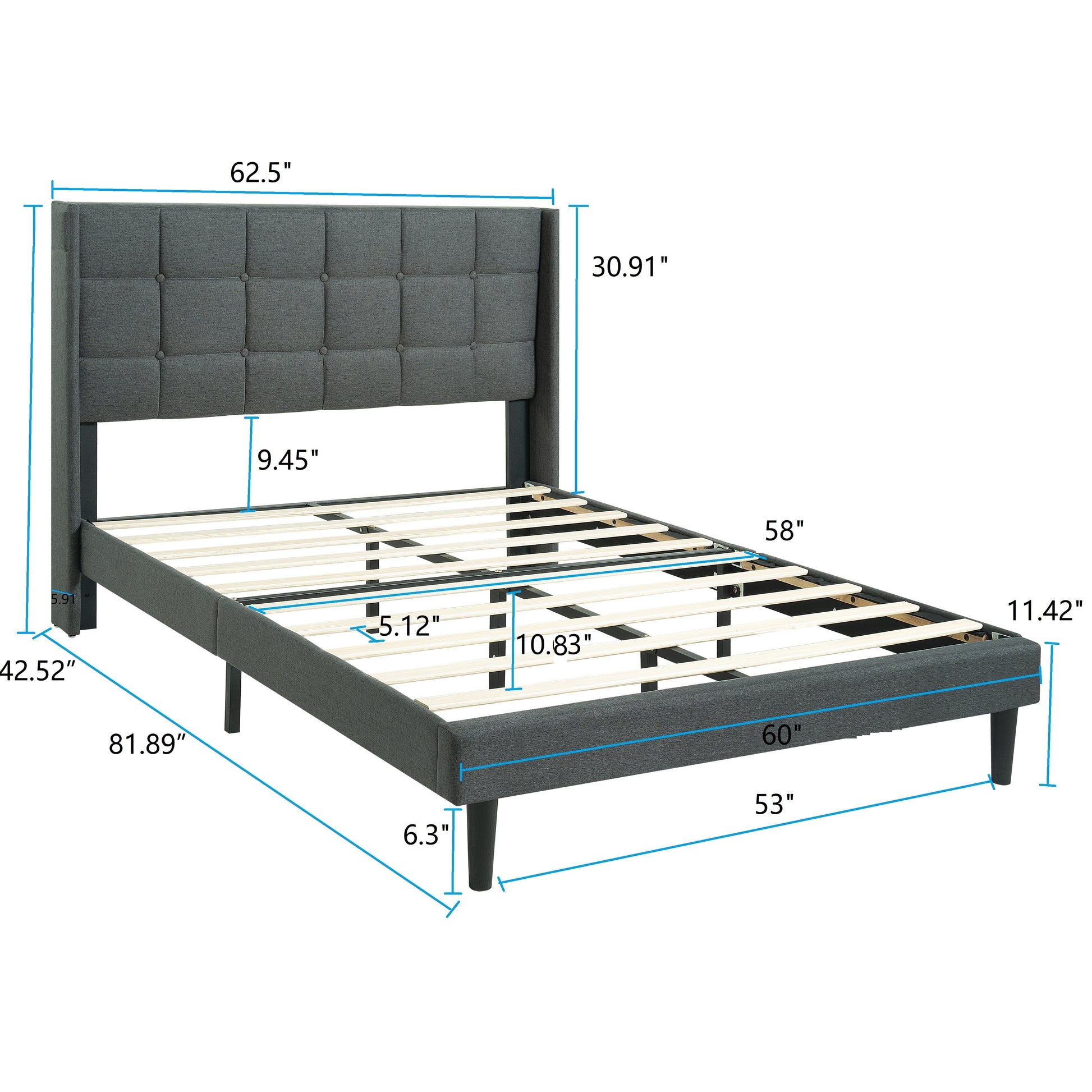 Queen Size Upholstered Platform Bed Frame With Modern Button Tufted Linen Fabric Headboard, No Box Spring Needed, Wood Slat Support, Easy Assembly, Drak Grey Queen Dark Grey Linen