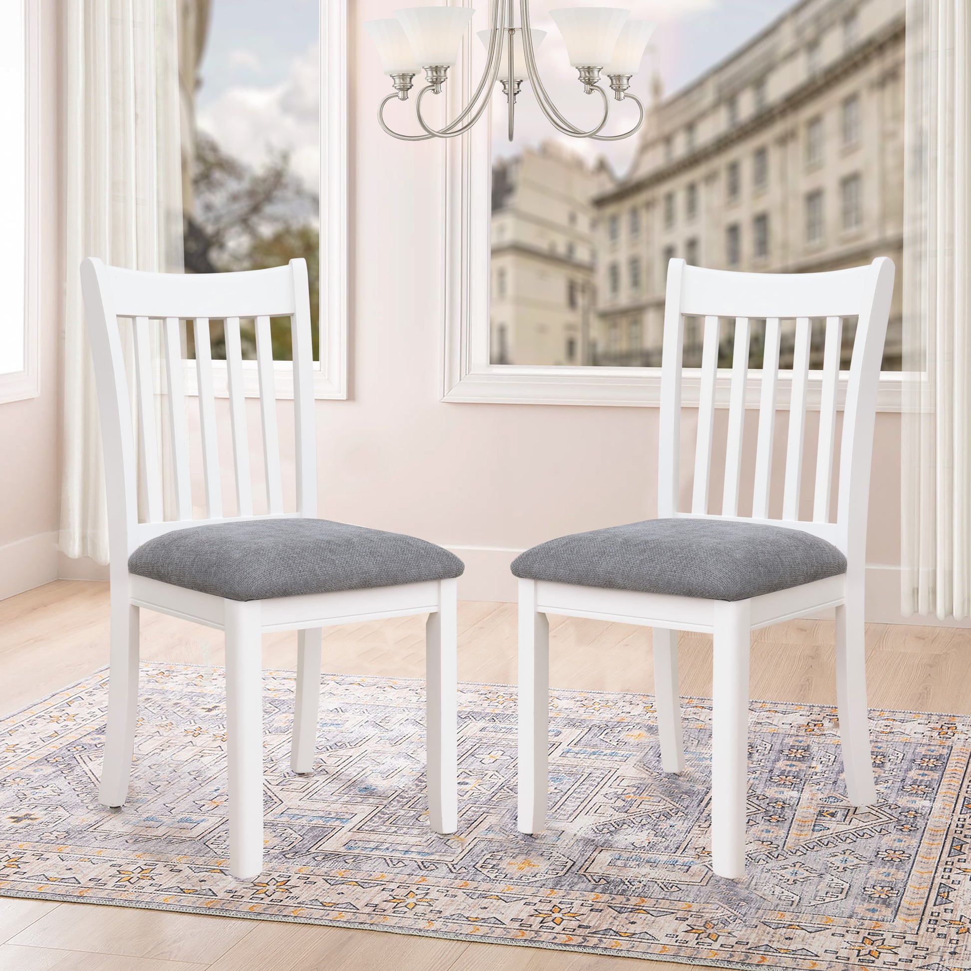Agody Dining Room Furniture White Finish Set Of 2 Seating Chairs Cushion With Grey Color Seats Wooden Back Kitchen Breakfast Chairs, Dining Chair Solid White Dining Room Rubberwood Slat Back