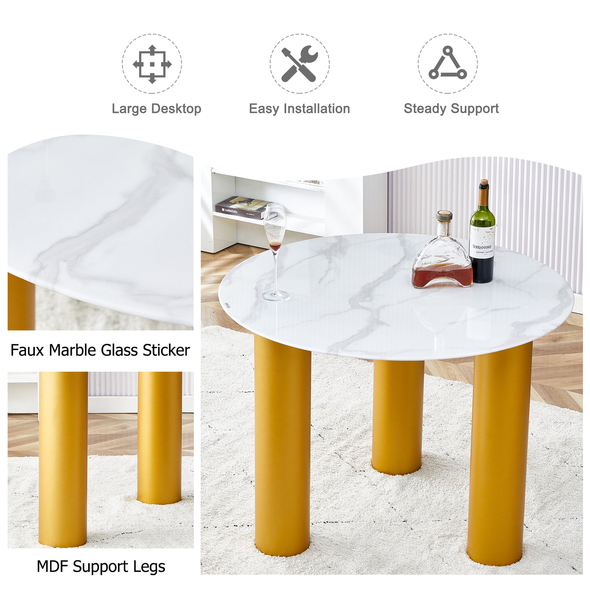 Table And Chair Set, Round Table With White Marble Pattern, Gold Mdf Table Legs, Soft And Comfortable Dining Chair, Suitable For Kitchen And Living Room White Seats 4 Mdf