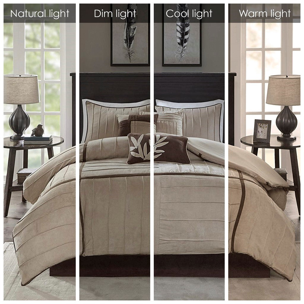 7 Piece Faux Suede Comforter Set Beige King King Beige Polyester