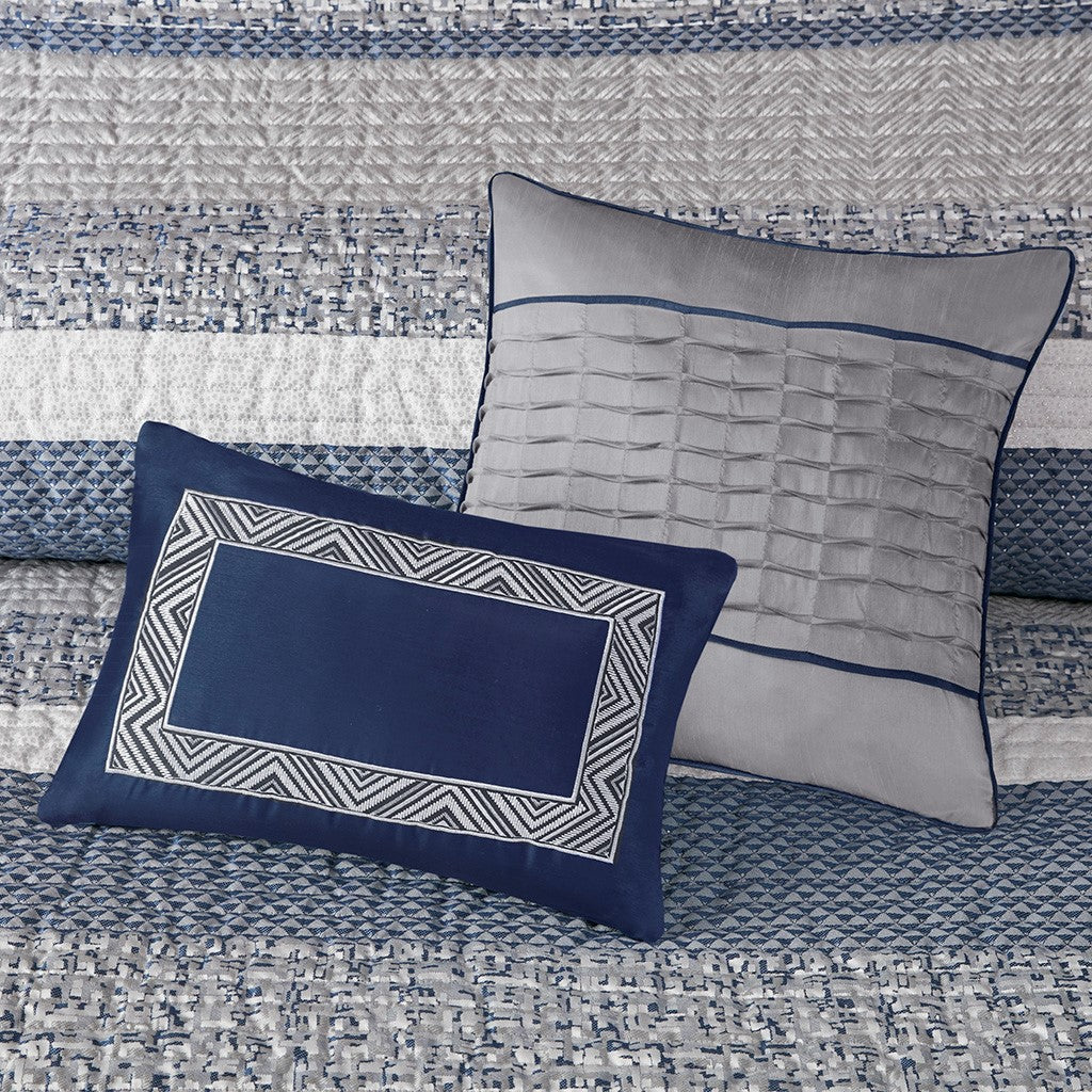 6 Piece Reversible Jacquard Quilt Set With Throw Pillows Navy King Cal King Navy Cotton