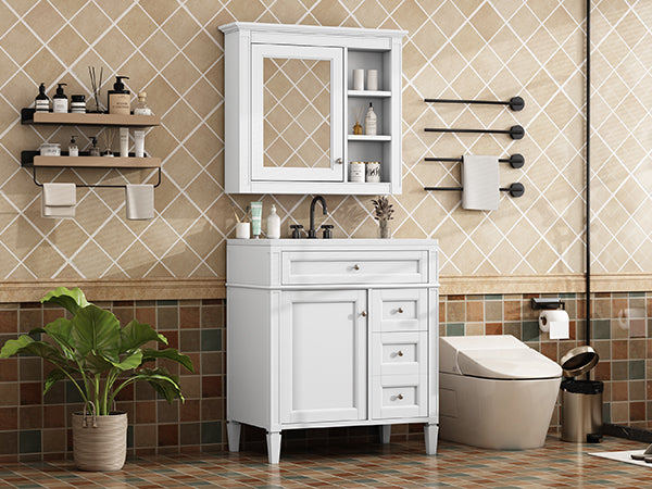 30'' Bathroom Vanity With Top Sink, Modern Bathroom Storage Cabinet With 2 Drawers And A Tip Out Drawer, Freestanding Vanity Set With Mirror Cabinet, Single Sink Bathroom Vanity 3 White Bathroom Solid Wood Mdf Resin Painted