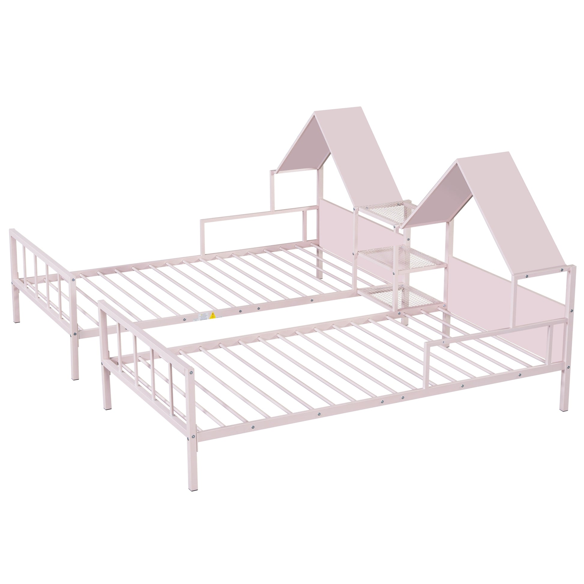 Metal Double Twin Size Platform Bed With House Shaped Headboard And A Built In Nightstand, Pink Box Spring Not Required Twin Pink Metal Metal