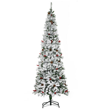 Homcom 7.5' Pencil Snow Flocked Artificial Christmas Tree With 600 Pine Realistic Branches, Pine Cones, Red Berries, Auto Open, Green Green Plastic