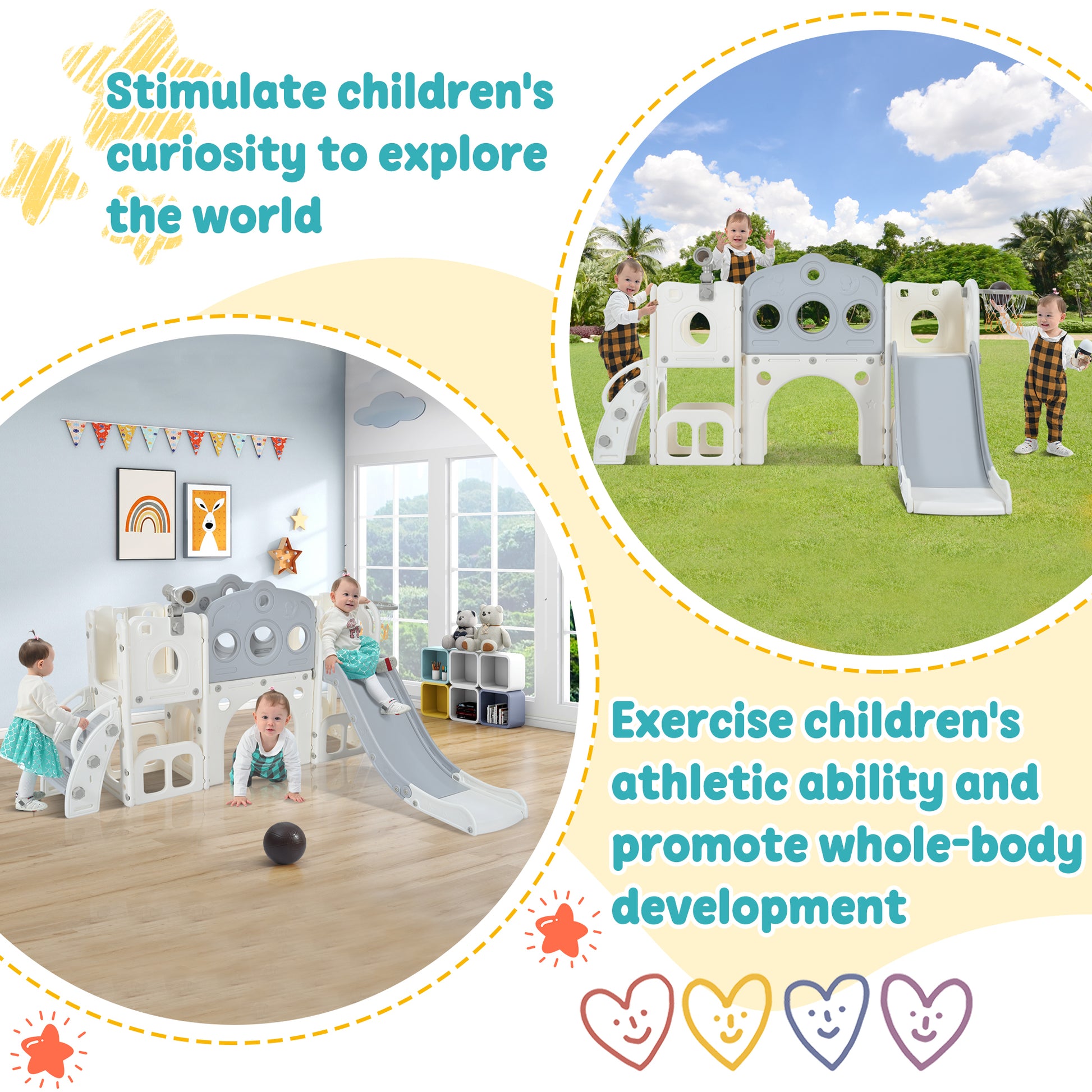 7 In 1 Toddler Slide Set, Freestanding Space Set With Slide, Kids Slide Playset Structure, Arch Tunnel And Basketball Hoop, Toy Storage Organizer For Toddlers, Kids Climbers Playground Grey White 50 99 Lbs Cute 1 To 2 Years Hdpe Indoor & Outdoor Use