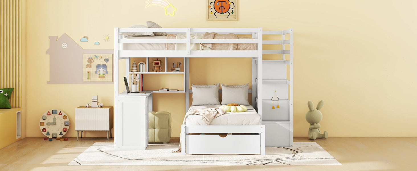 Full Over Twin Bunk Bed With Desk, Drawers And Shelves, White White Solid Wood