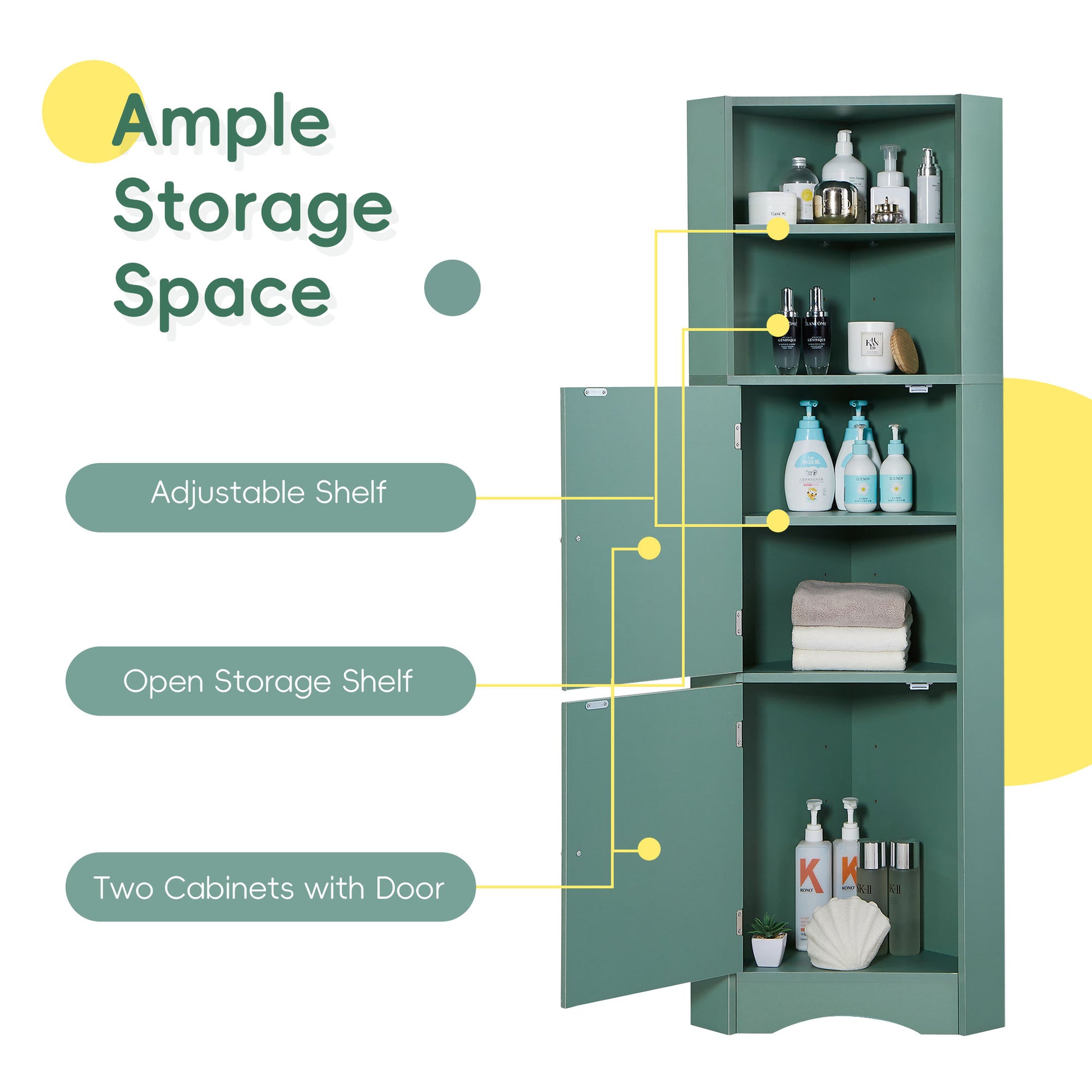 Tall Bathroom Corner Cabinet, Freestanding Storage Cabinet With Doors And Adjustable Shelves, Mdf Board, Green Green Mdf