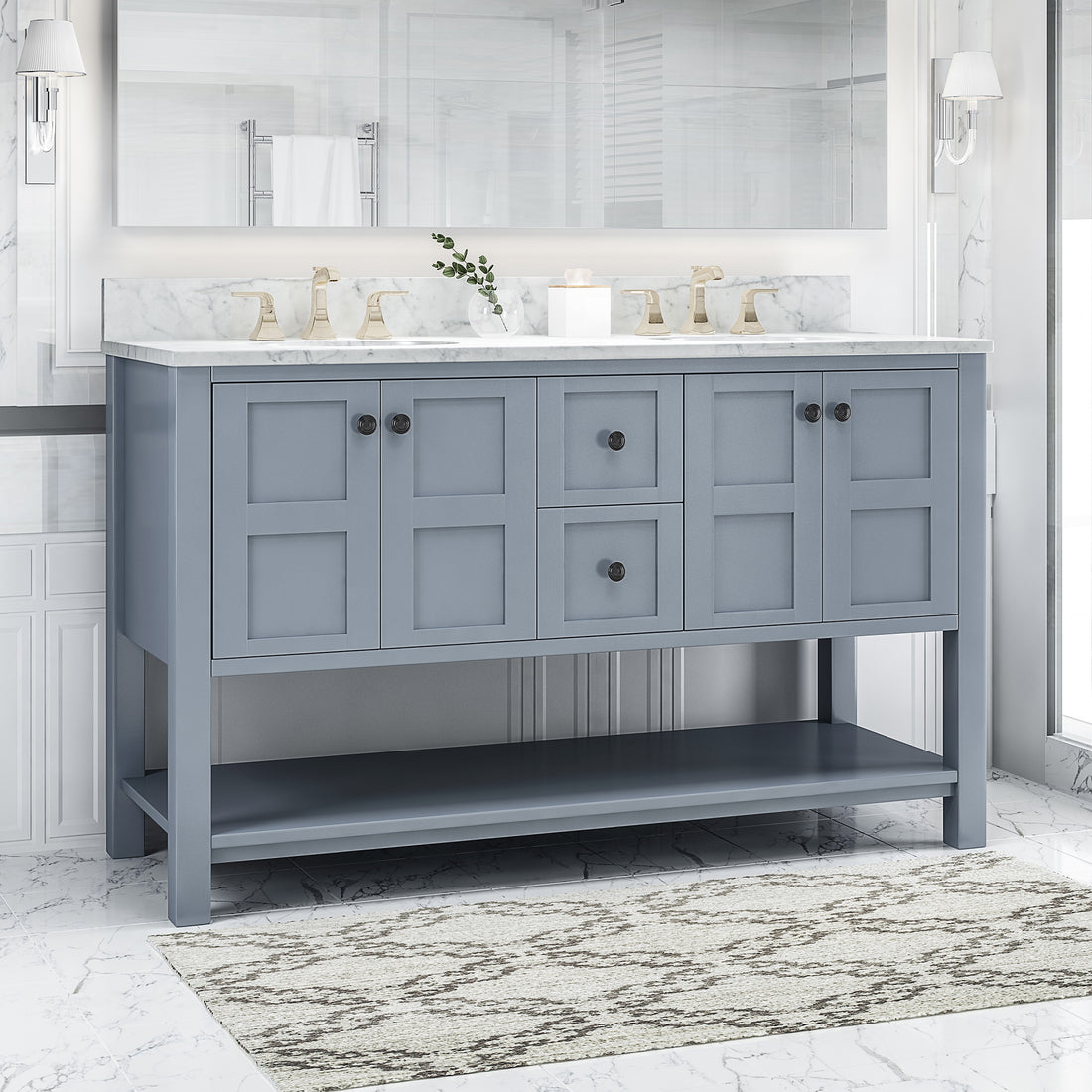 61'' Bathroom Vanity With Marble Top & Double Ceramic Sinks, 4 Doors, 2 Drawers, Open Shelf, Gray Gray Mdf