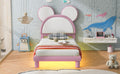 Twin Size Upholstered Platform Bed With Cartoon Ears Shaped Headboard And Led, White&Pink Box Spring Not Required Twin White Pink Bedroom Bed Frame Faux Leather Upholstered