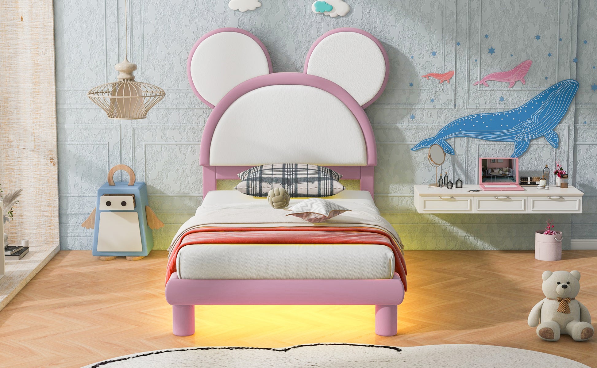 Twin Size Upholstered Platform Bed With Cartoon Ears Shaped Headboard And Led, White&Pink Box Spring Not Required Twin White Pink Bedroom Bed Frame Faux Leather Upholstered