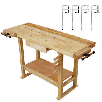 55 Inch Wood Workbench Wooden Workbench For Garage Workshop And Home,With Bar Clamps Set 12 Inch X 3Inch Throat,Pack Of 4 Natural Rubber Wood