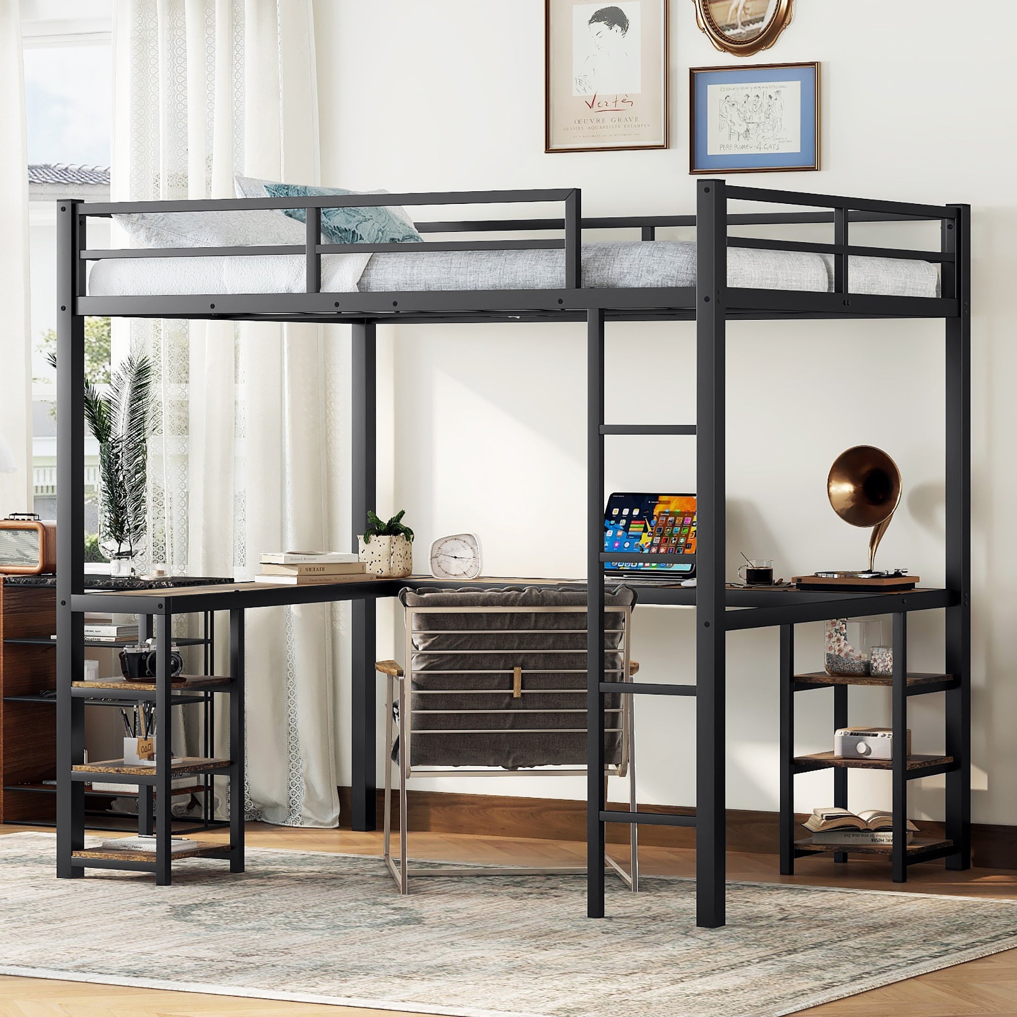 Full Metal Loft Bed With Desk And Shelves, Loft Bed With Ladder And Guardrails, Loft Bed Frame For Bedroom, Black With Vintage Wood Colored Desk Full Black Metal