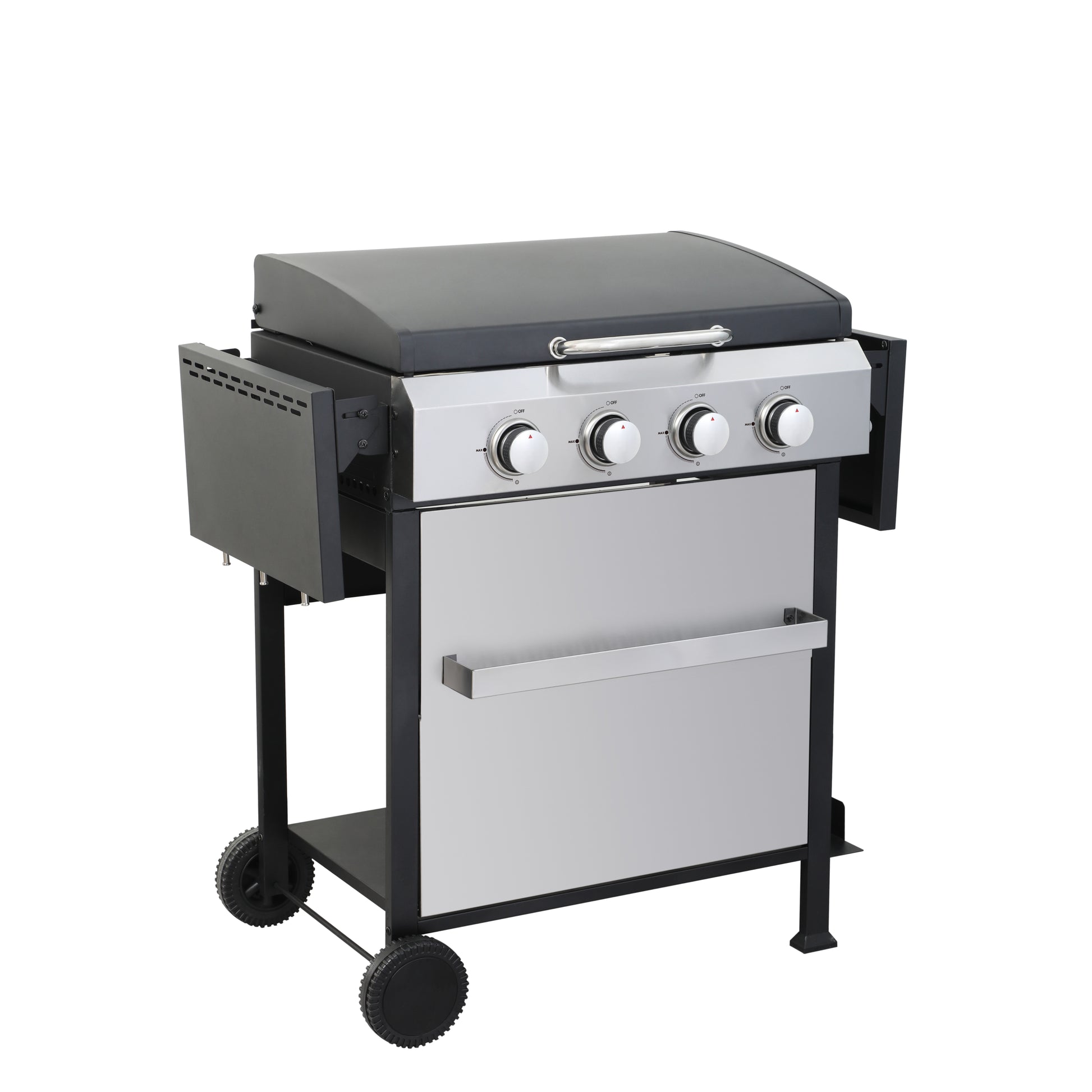 4 Burner Propane Gas Bbq Grill, Ss Plancha, 49200Btu Output With Wire Enamel Cooking Grids For Outdoor Barbecue, Foldable Side Table, Hanging Basket, Stainless Steel Black Silver Garden & Outdoor