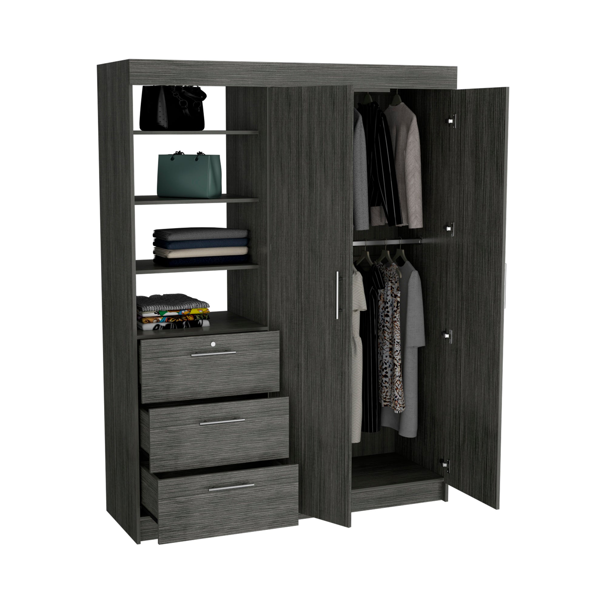 Kenya 3 Drawers Armoire, Double Door, 3 Tier Shelf Smokey Oak Smoke Grey Bedroom Modern Particle Board