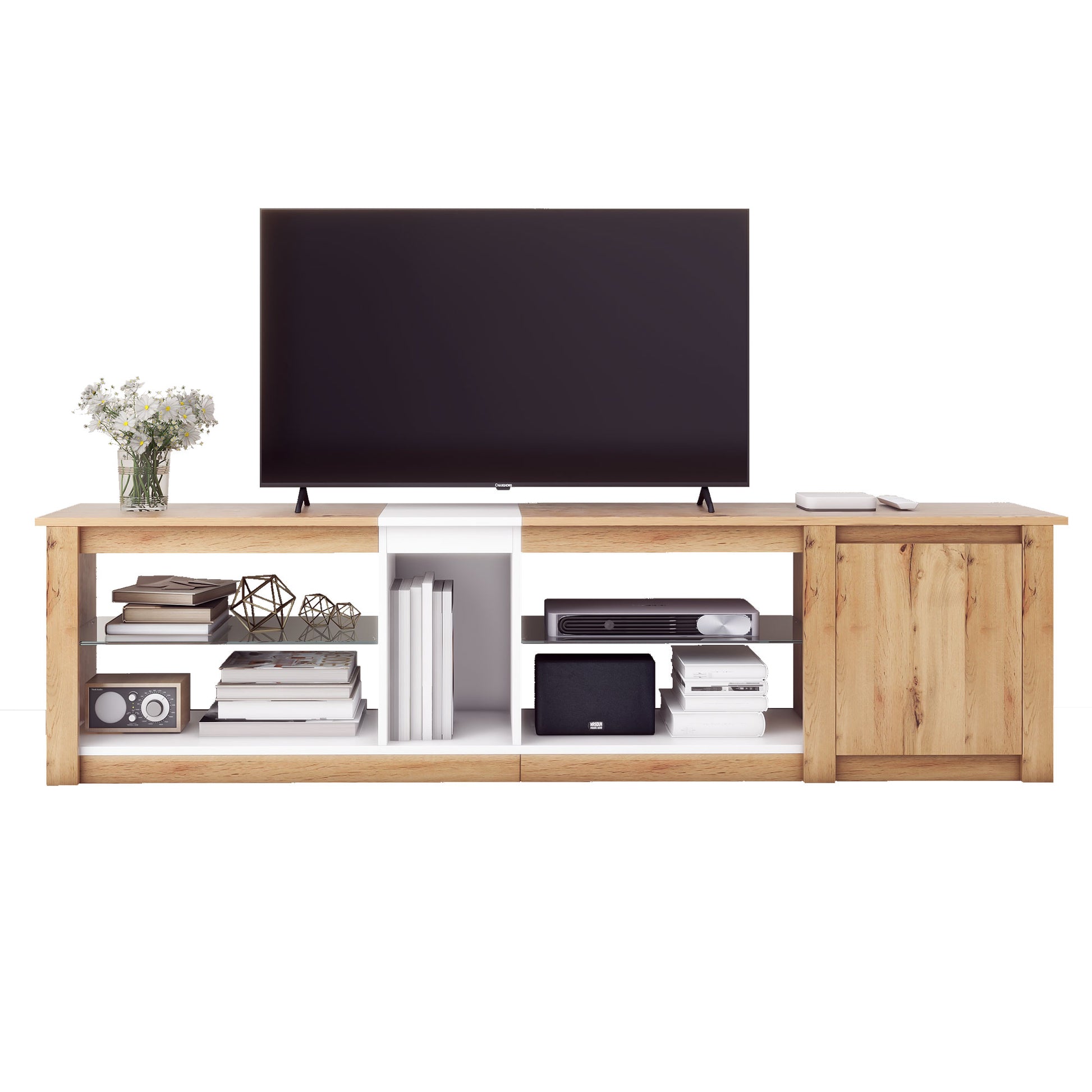 Moderntv Stand For Tvs Up To 80''Media Console With Multi Functional Storage, Entertainment Center With Led Light, Tv Cabinet For Living Room,Bedroom White Natural 70 79 Inches 70 79 Inches 70 Inches Particle Board