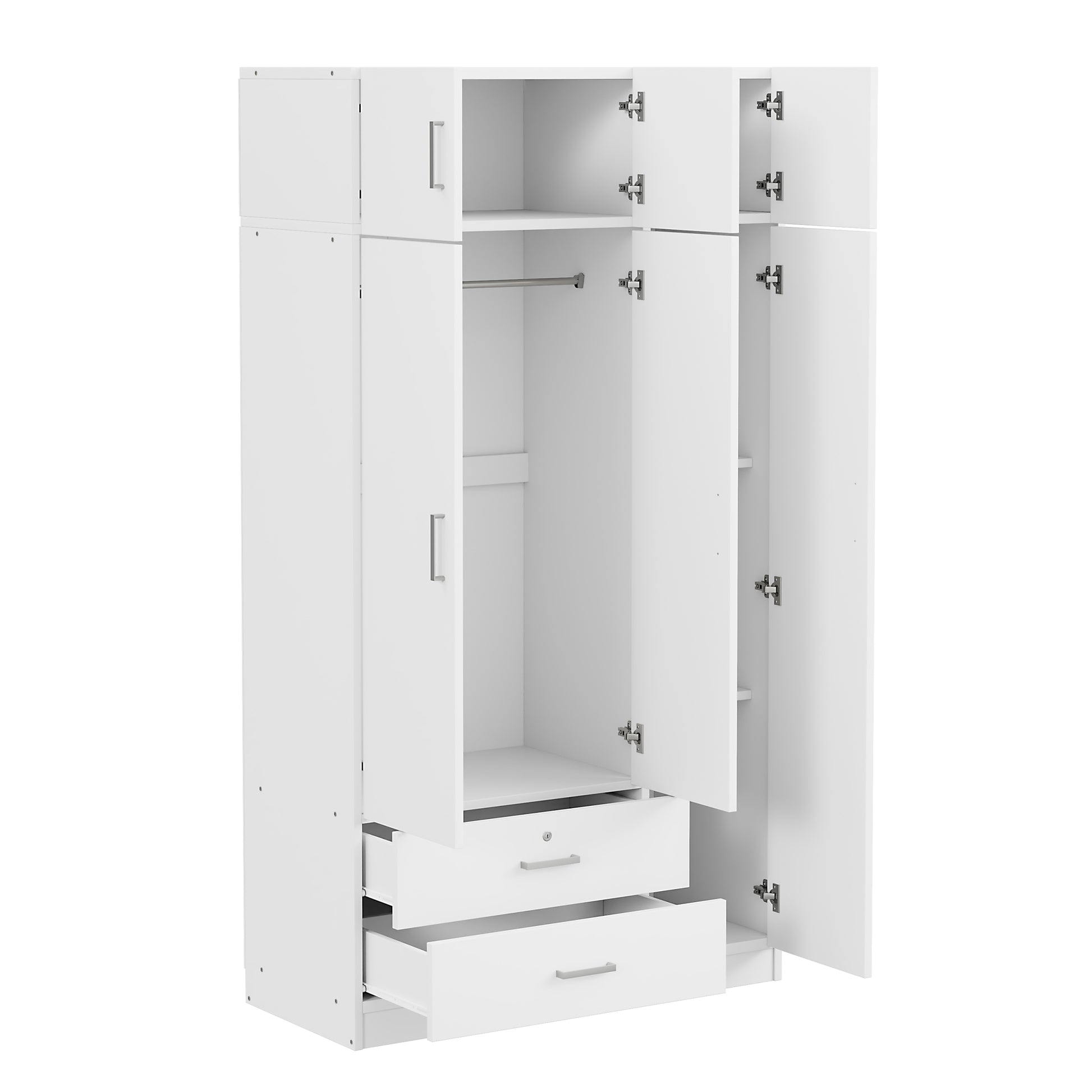 3 Door Mirror Wardrobe With 2 Drawers And Top Cabinet,White White Particle Board