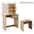 Vanity Desk Set Stool & Dressing Table With Led Lighting Mirror Drawer And Compartments Modern Wood Cosmetic Table Chest Of Drawers Nature Color Natural Wood Particle Board