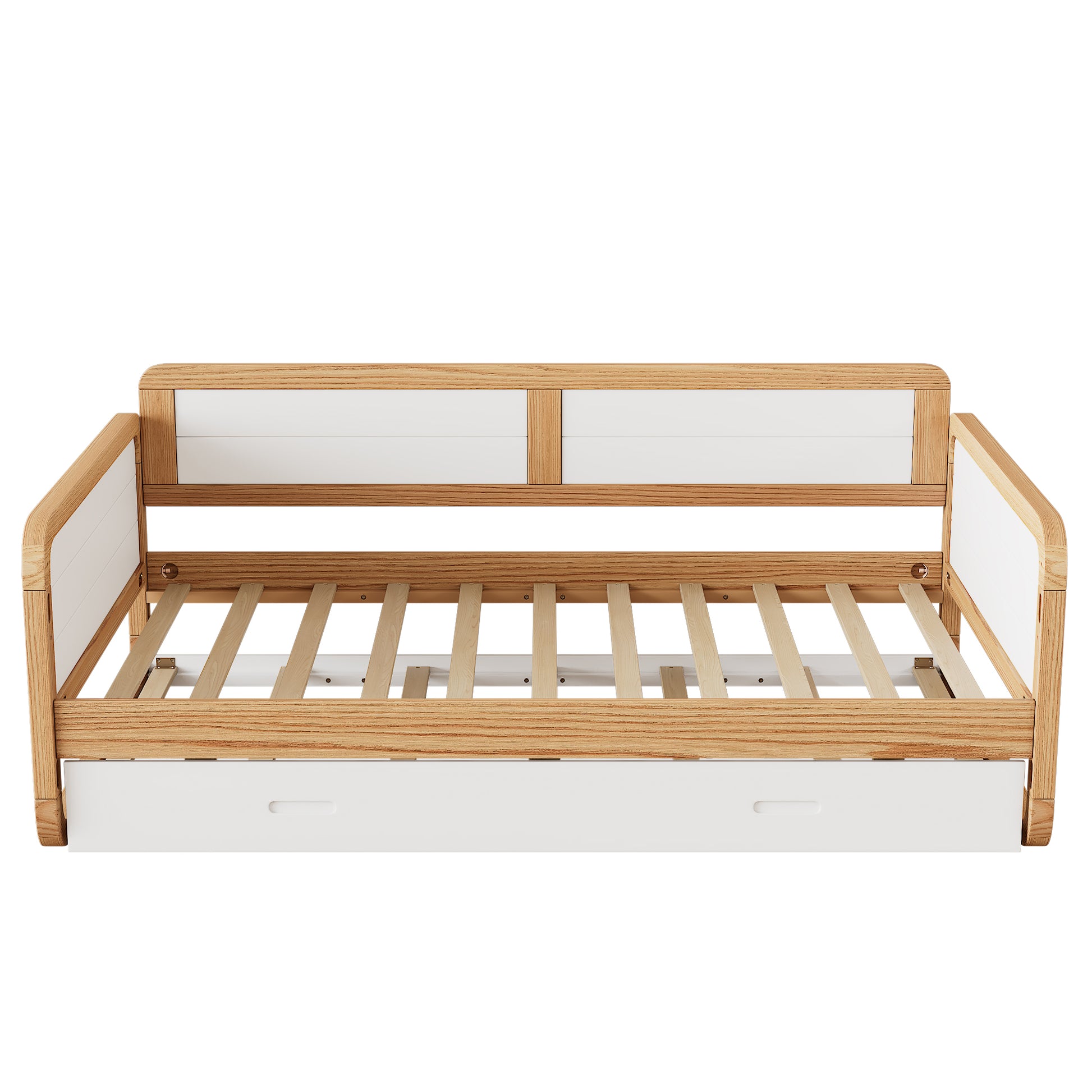 Twin Size Solid Wood Daybed With Trundle For Limited Space Kids, Teens, Adults, No Need Box Spring, Walnut And White Box Spring Not Required Twin White Walnut Wood Bedroom Modern Pine Daybeds Wood