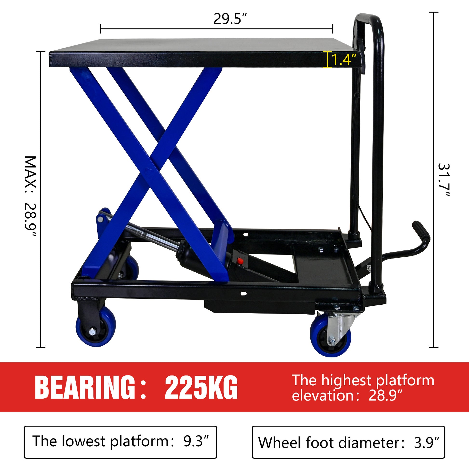Hydraulic Lift Trolley, 500 Lbs Capacity, With 4 Wheels, For Material Handling And Transportation, Black Blue Black Blue Steel
