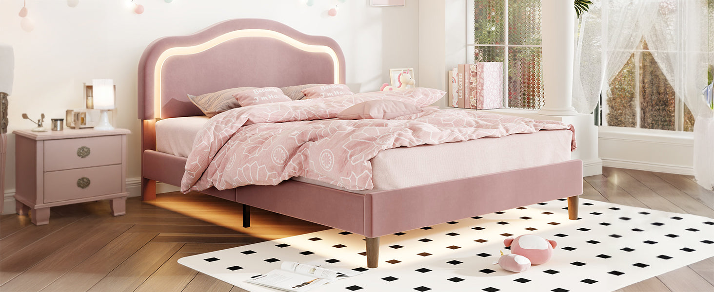 Full Size Velvet Upholstered Smart Led Bed Frame With Adjustable Height Headboard,No Box Spring Needed,Easy Assembly,Pink Box Spring Not Required Full Pink Wood Bedroom Cute,Modern Bed Frame Wood