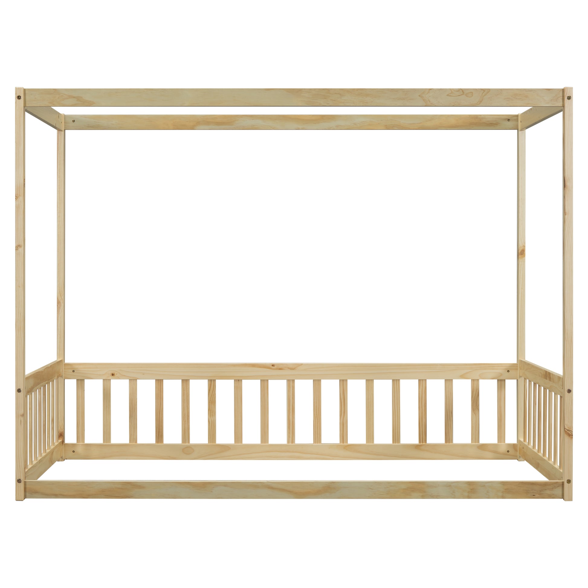 Twin Size Canopy Frame Floor Bed With Fence, Guardrails,Natural Twin Natural American Design Pine