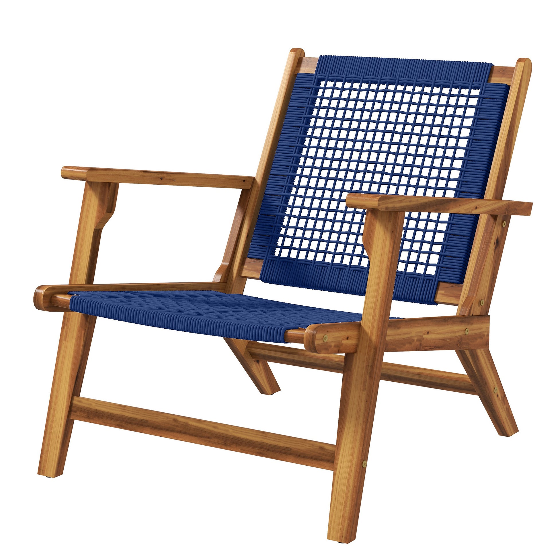 Outsunny Patio Acacia Wood Adirondack Chair, Modern Wood Fire Pit Chair With Pp Rope Weave, Coconino Lounge Chair With High Backrest Support, Dark Blue Blue Wood