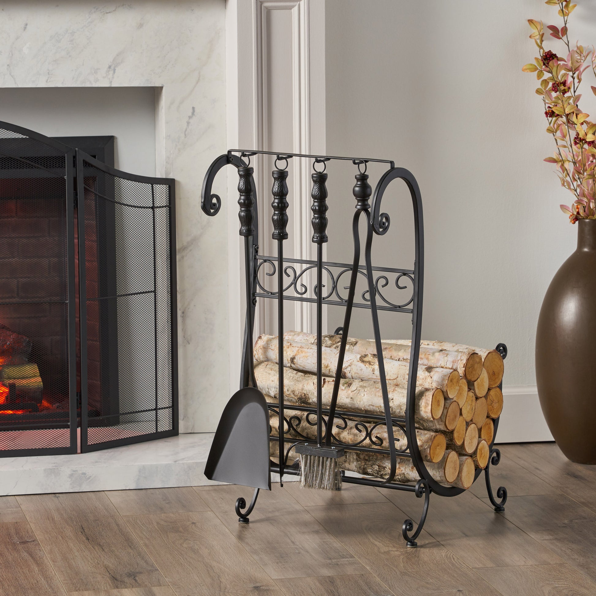 Log Rack And Tools Matt Black Iron