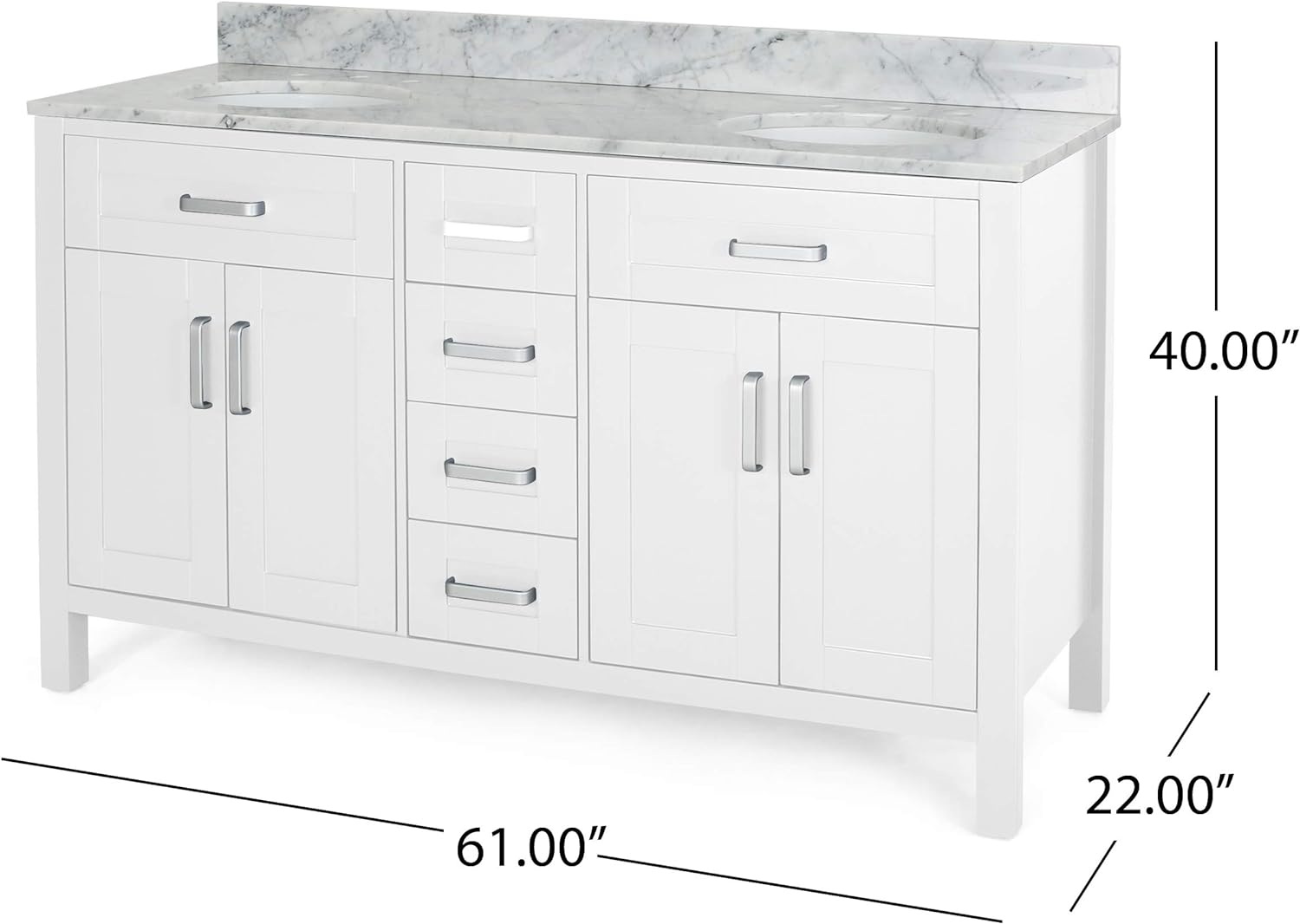 61'' Bathroom Vanity With Marble Top & Double Ceramic Sinks, 4 Drawers, 4 Doors, White White Plywood