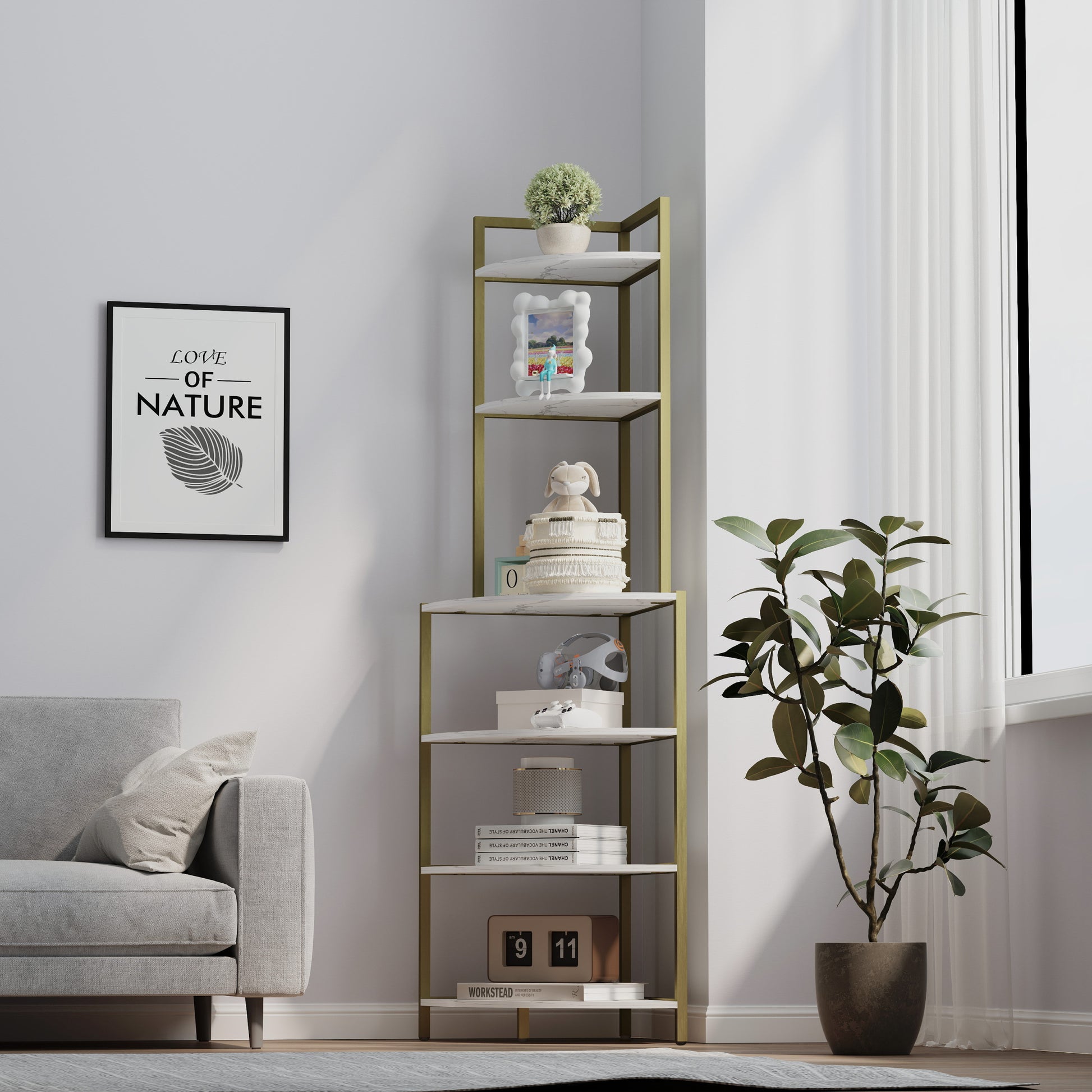 6 Tier Corner Open Shelf Modern Bookcase Wood Rack Freestanding Shelving Unit,Plant Album Trinket Sturdy Stand Small Bookshelf Space Saving For Living Room Home Office Kitchen Small Space Rustic Brown Gold White Corner Office American Design,Rustic