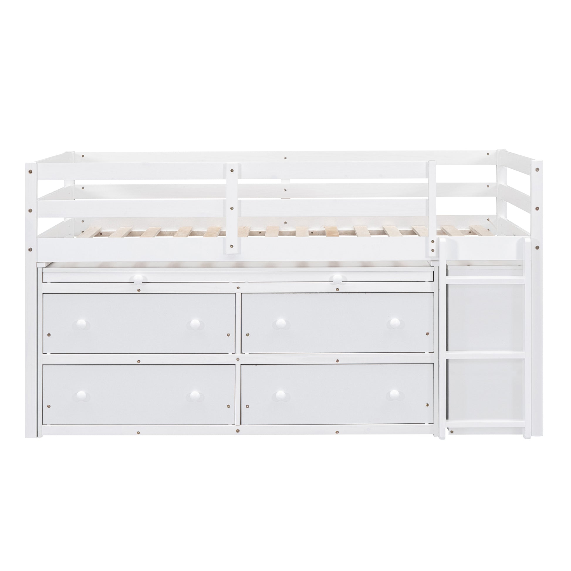 Twin Size Loft Bed With Retractable Writing Desk And 4 Drawers, Wooden Loft Bed With Lateral Portable Desk And Shelves, White White Solid Wood Mdf