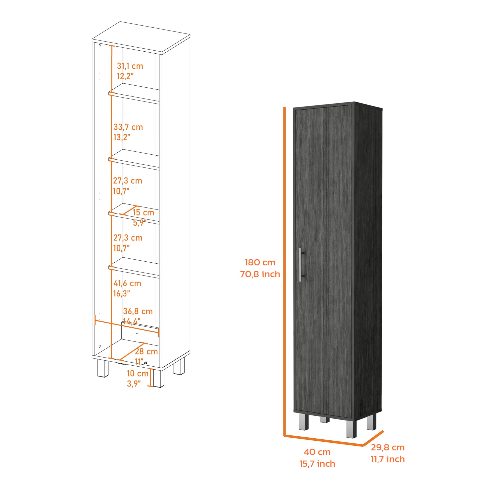 Lawen Tall Storage Cabinet, Single Door, 3 Broom Hangers Smoke Contemporary Particle Board Engineered Wood