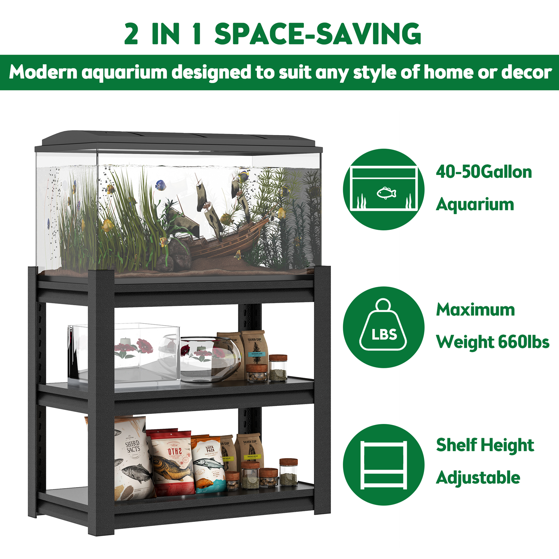 40 50 Gallon Fish Tank Stand Metal Aquarium Stand, 31.5 "L X 18 "W X 34"H Adjustable Heavy Duty Reptile Tank Stand, Adjustable 3 Tier Fish Tank Rack Shelf For Home Office, Tank Not Included 3 Black Standard Horizontal Primary Living Space Open Back Metal