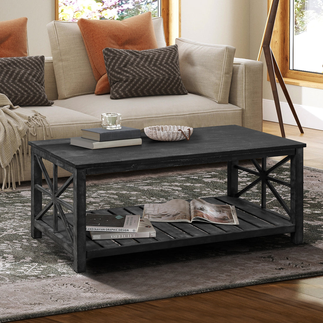 52''W Handcrafted Coffee Table In Front Of The Sofa Or Loveseat For Living Room Antique Black Color Antique Black Ergonomic Primary Living Space American Design Floor Mount Open Storage Coffee & End Tables Rectangular Solid Wood Mdf Mdf