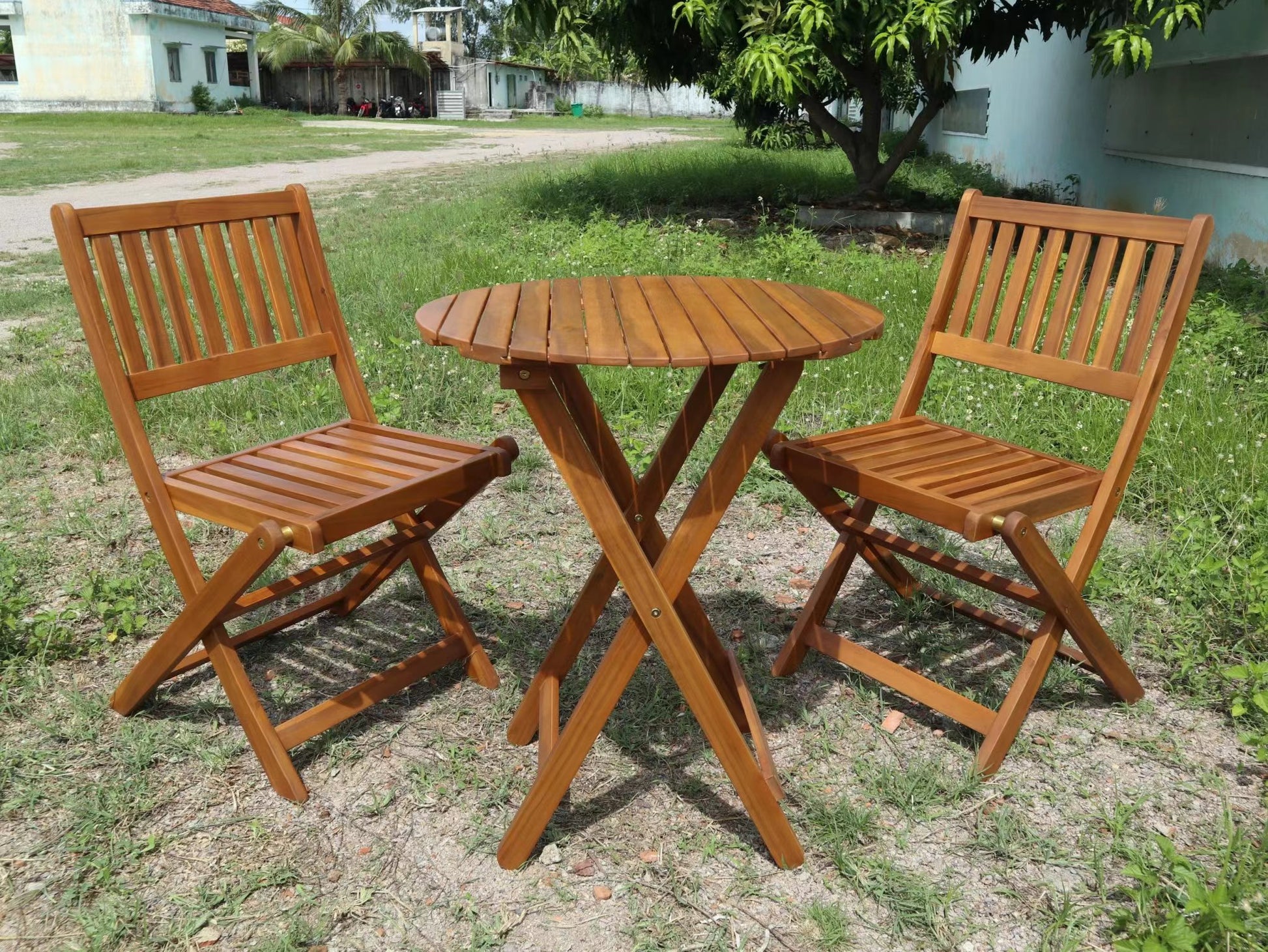 3 Piece Acacia Wood Bistro Set, Wooden Folding Patio Furniture For Garden Backyard Balcony Porch W 1 Coffee Table And 2 Foldable Chairs, Light Brown Light Brown Acacia Wood