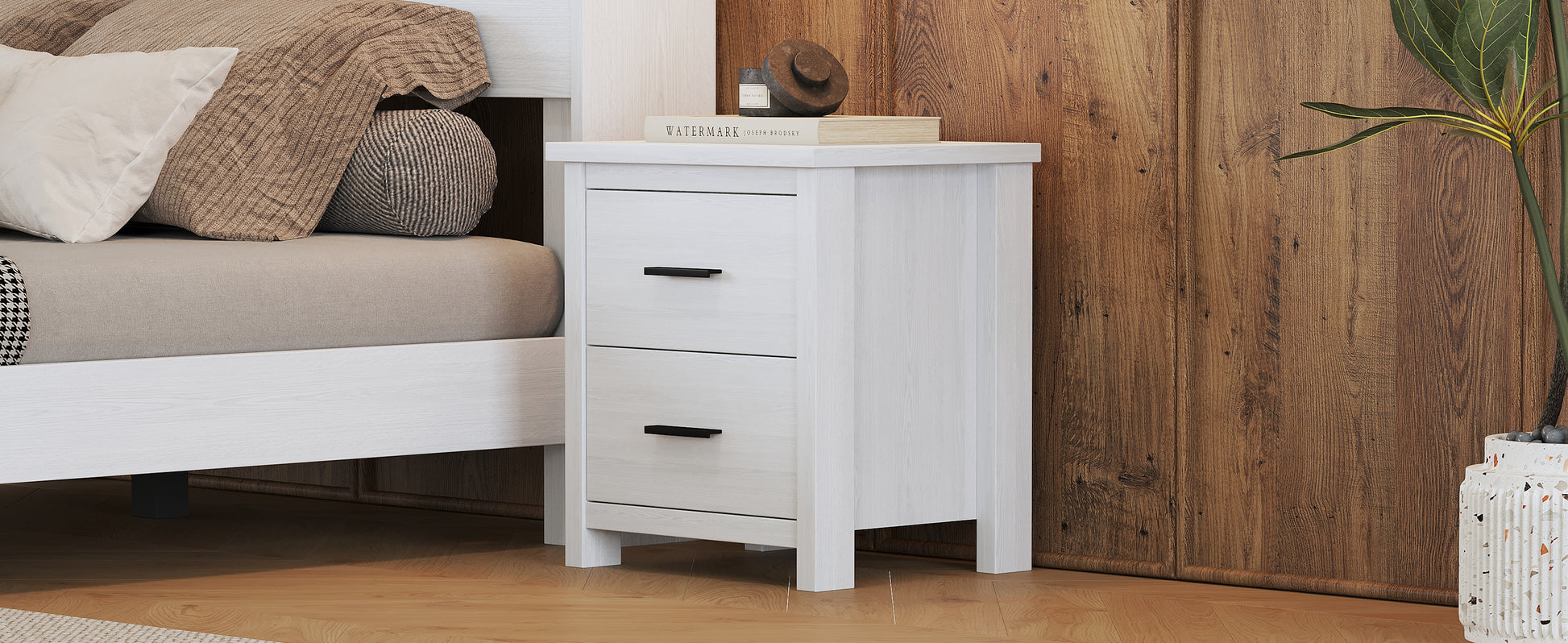 Vintage Two Drawer Wooden Nightstand, Simple And Generous, Large Storage Space,White White Particle Board Mdf