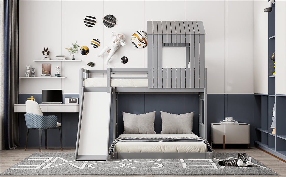 Wooden Twin Over Full Bunk Bed, Loft Bed With Playhouse, Farmhouse, Ladder, Slide And Guardrails, Gray Old Sku :Lt000028Aan Twin Gray Solid Wood