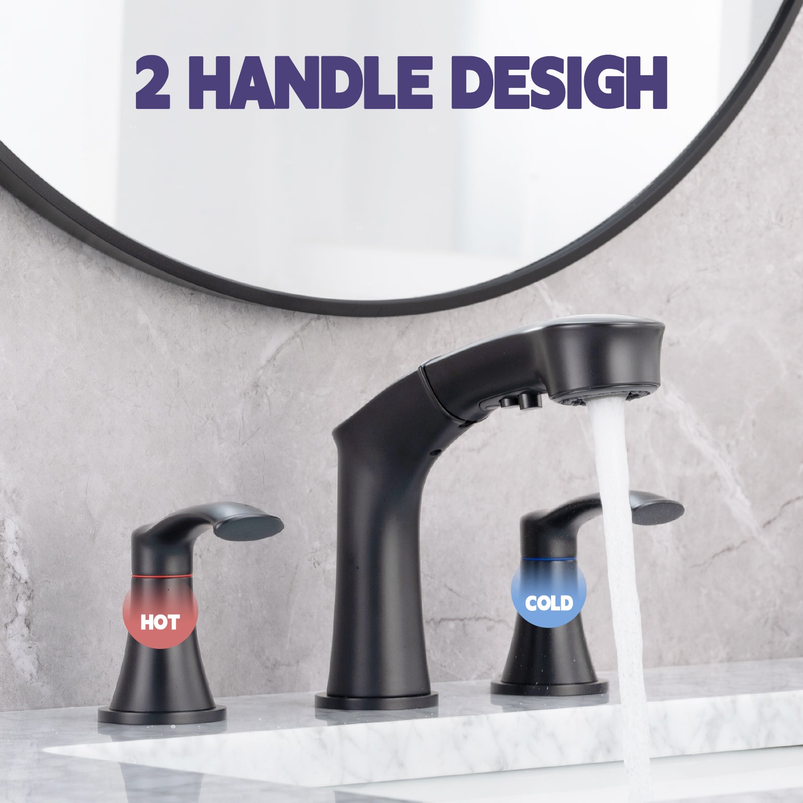 Widespread Pull Out Sprayer Bathroom Faucet, 2 Handle Bathroom Sink Faucet Two Matte Black Pull Out Deck Mounted Widespread Faucets Matte Black Stainless Steel