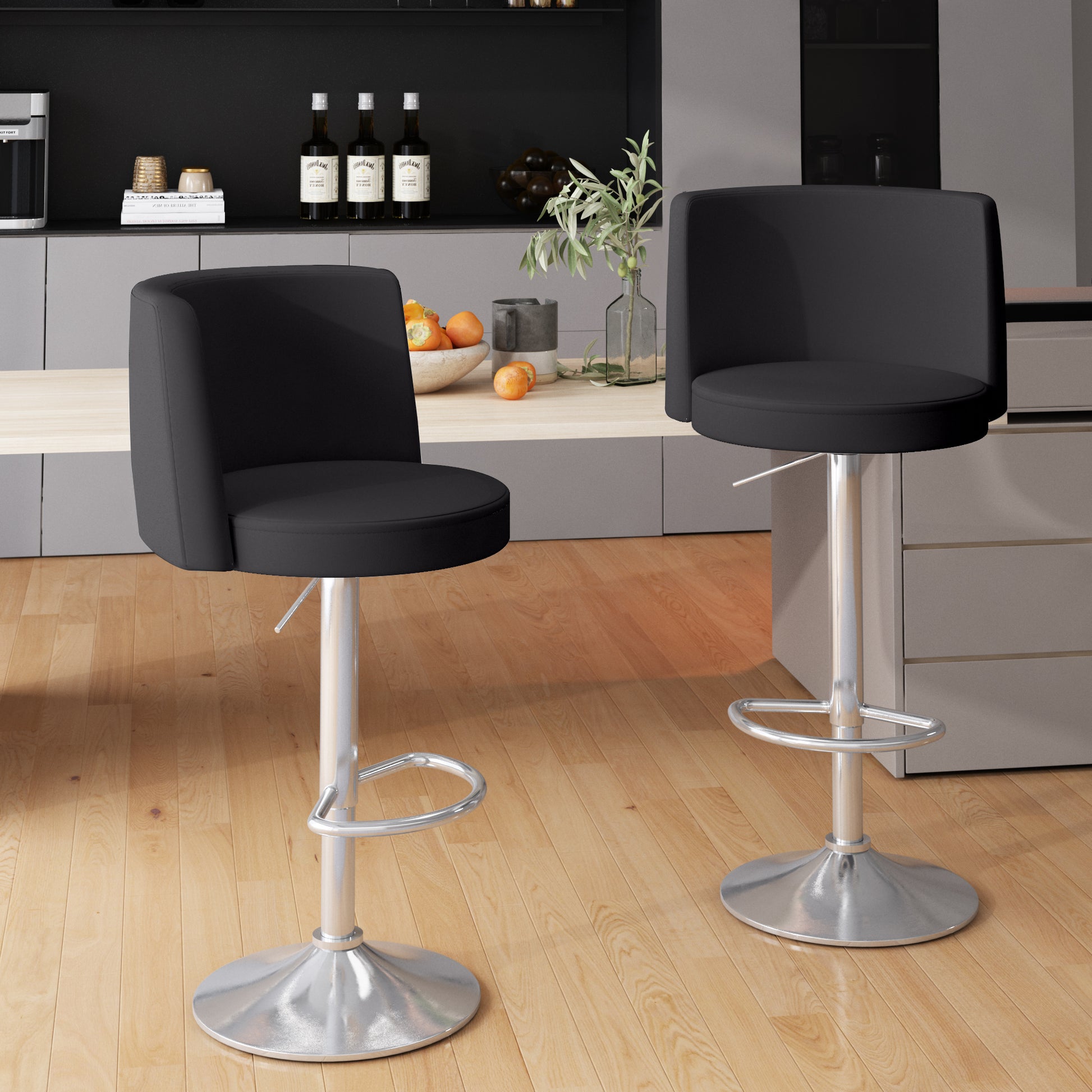 Steel Bar Stools,Grade Modern Leather Bar Chair With Backrest,Swivel Adjustable Height For Kitchen Counter And Dining Room Black Metal