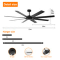 72 Inch Ceiling Fans No Light With Remote Control, 8 Reversible Blade, Quiet Dc Motor, Timer Function, 6 Speed, Industrial Ceiling Fan For Bedroom Home Kitchen Black Black Classic Abs Steel Q235