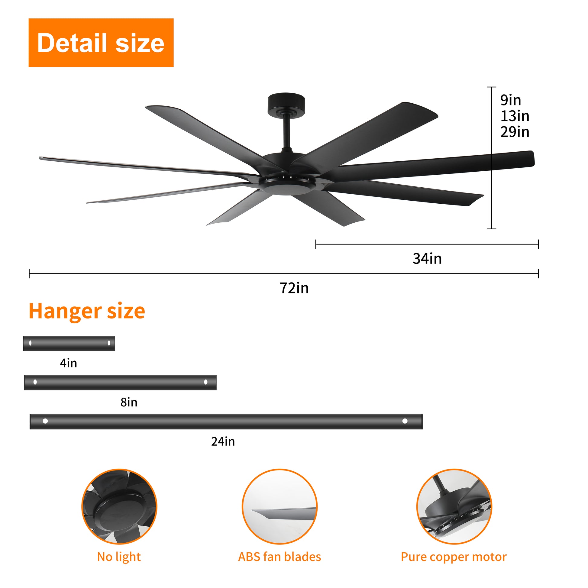 72 Inch Ceiling Fans No Light With Remote Control, 8 Reversible Blade, Quiet Dc Motor, Timer Function, 6 Speed, Industrial Ceiling Fan For Bedroom Home Kitchen Black Black Classic Abs Steel Q235