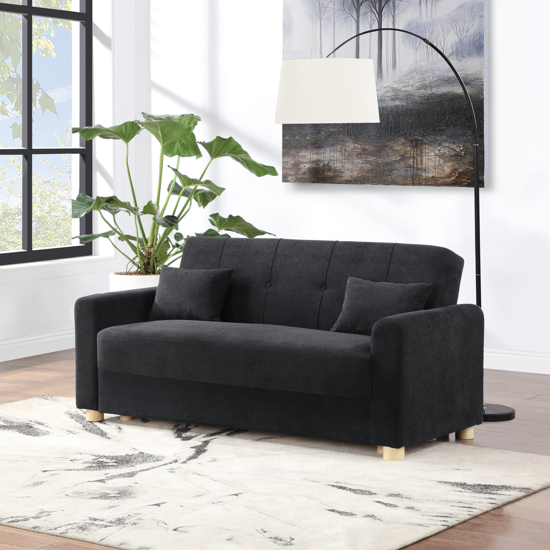 Thomas 66"W Black Fabric Convertible Sleeper Loveseat With Storage Black Fabric