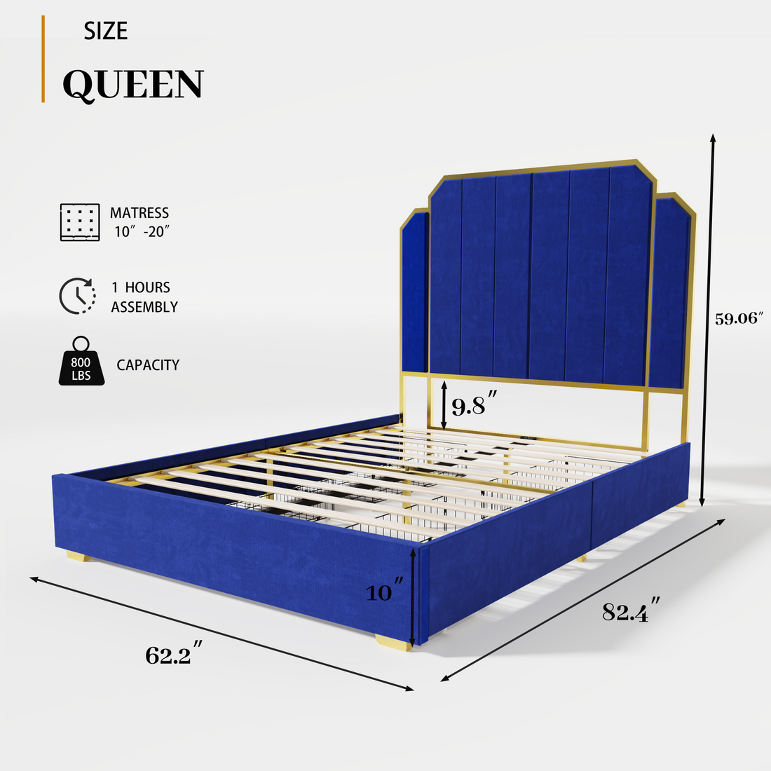 Queen Size Bed Frame And 59.06" Headboard, Upholstered Bed With Golden Plating Trim, Modern Platform Bed No Box Spring Needed, Navy Blue Queen Bed Box Spring Not Required Queen Gold Blue Metal Bedroom Modern Bed Frame Velvet Mdf Metal