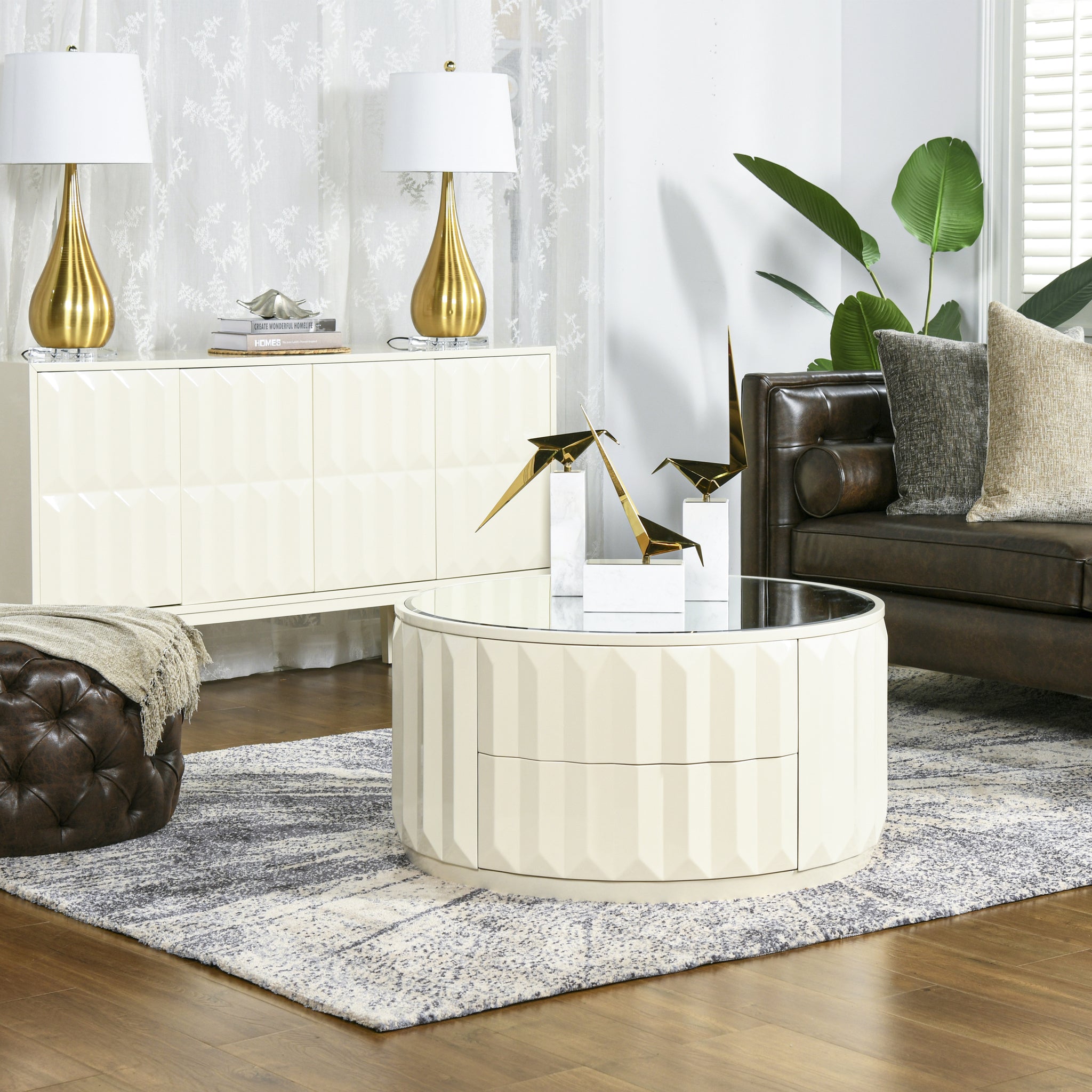 Facino 35.5" Round Storage Coffee Table, White Lacquer Birchwood White Solid Wood Mdf Solid Wood Mdf