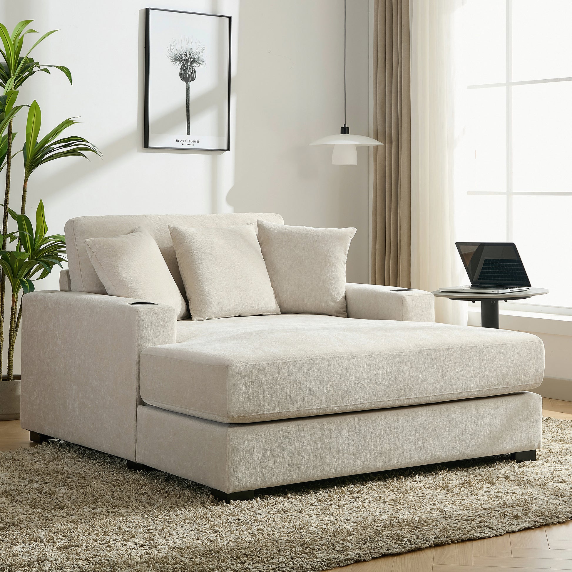 55" Oversized Chaise Lounger Modern Style Sofa Couch ,With Pillows, Charge Station & Cup Holders, Chenille Fabric, Cream Cream Chenille