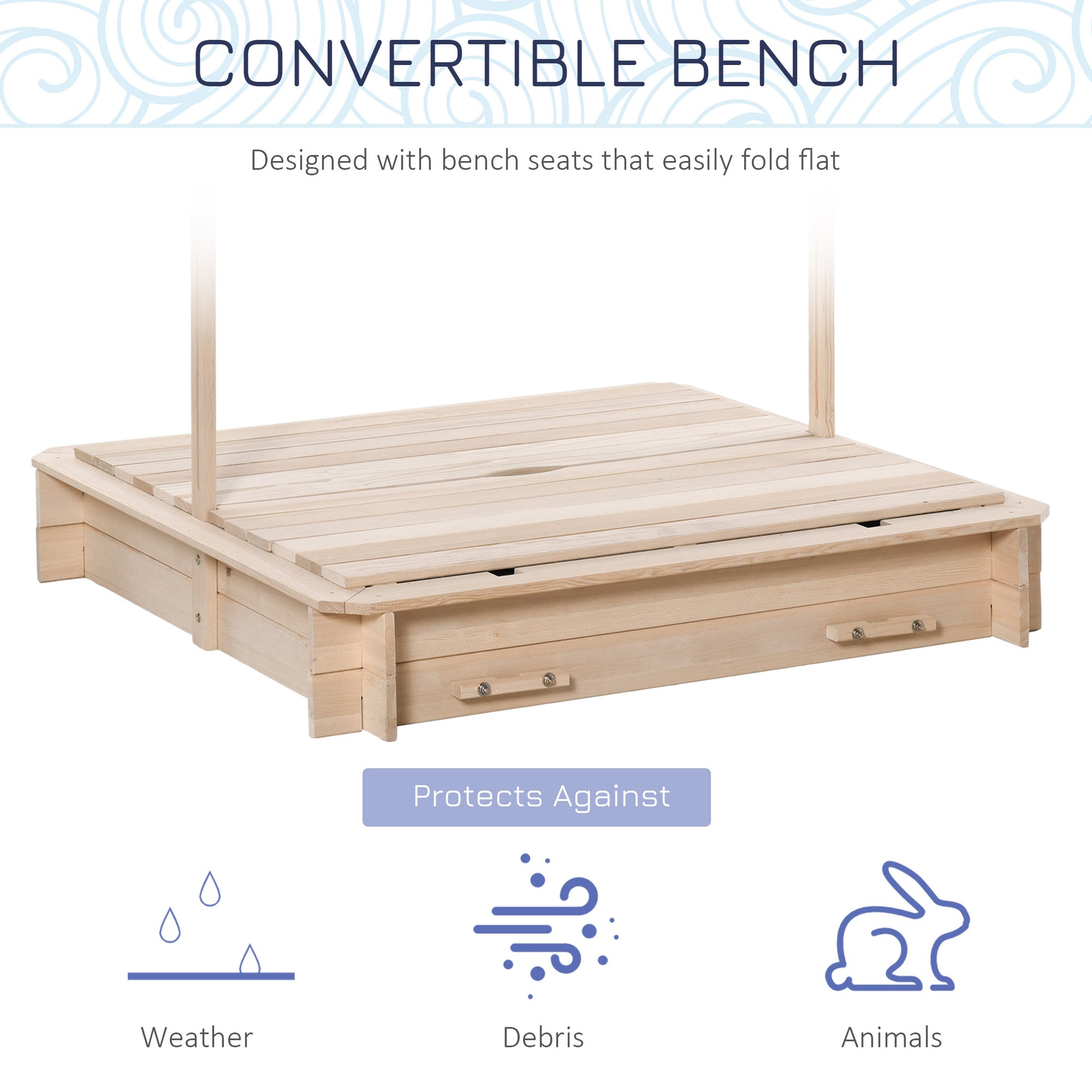 Outsunny Wooden Kids Sandbox With Cover, Children Outdoor Sand Box With Foldable Bench Seats, Adjustable Canopy, Bottom Liner For Outdoor, Natural Blue Wood